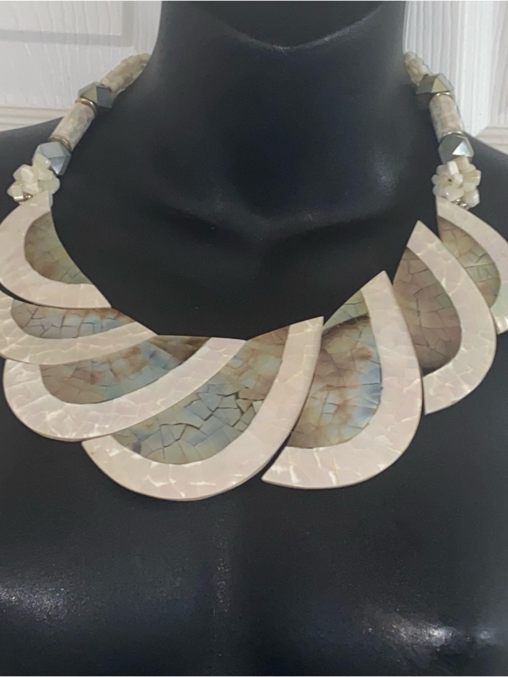 Vintage Cream Mosaic Teardrop Statement Necklace crescent mother pearl beautiful